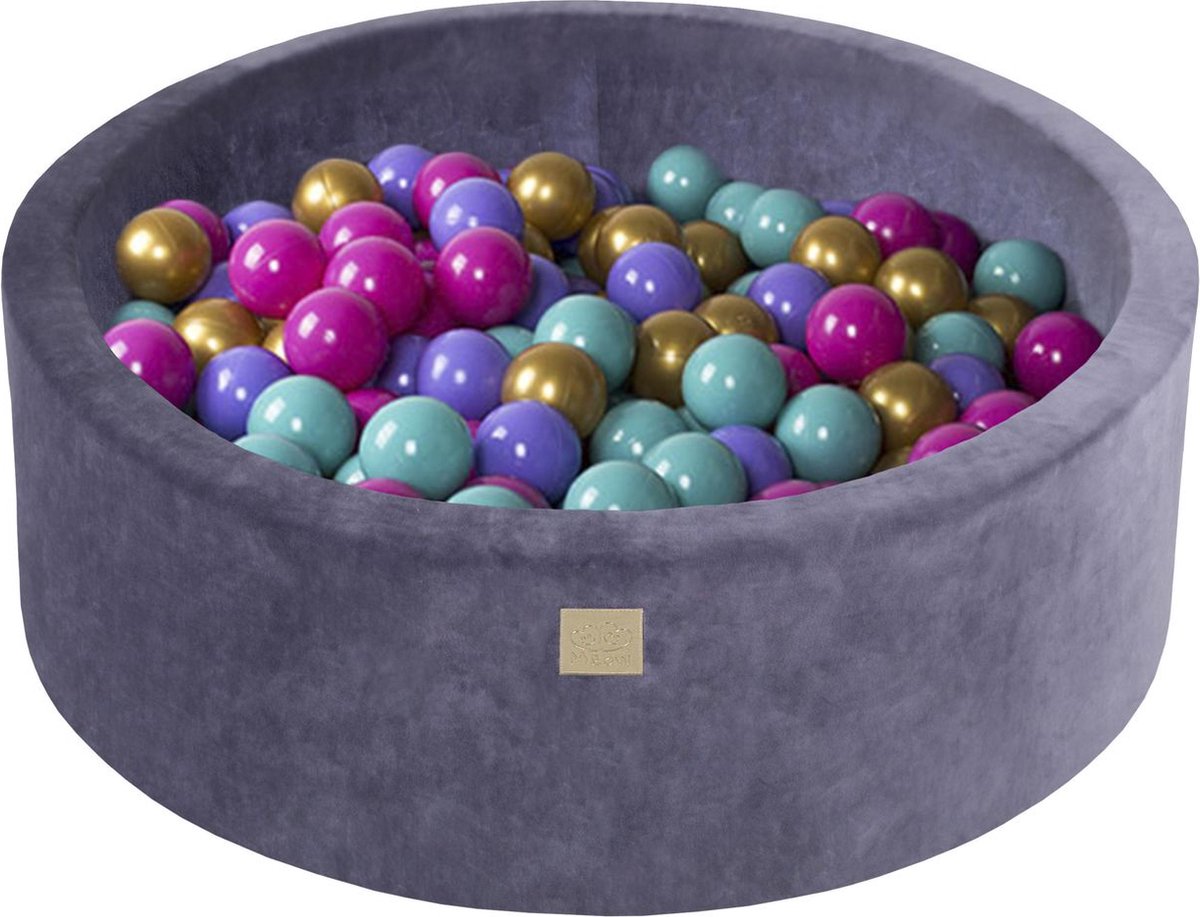 Ronde ballenbak VELVET 90x30 - Grijs-Blauw incl 200 ballen - Donker Roze, Goud, Turquoise, Violet |  je.nl